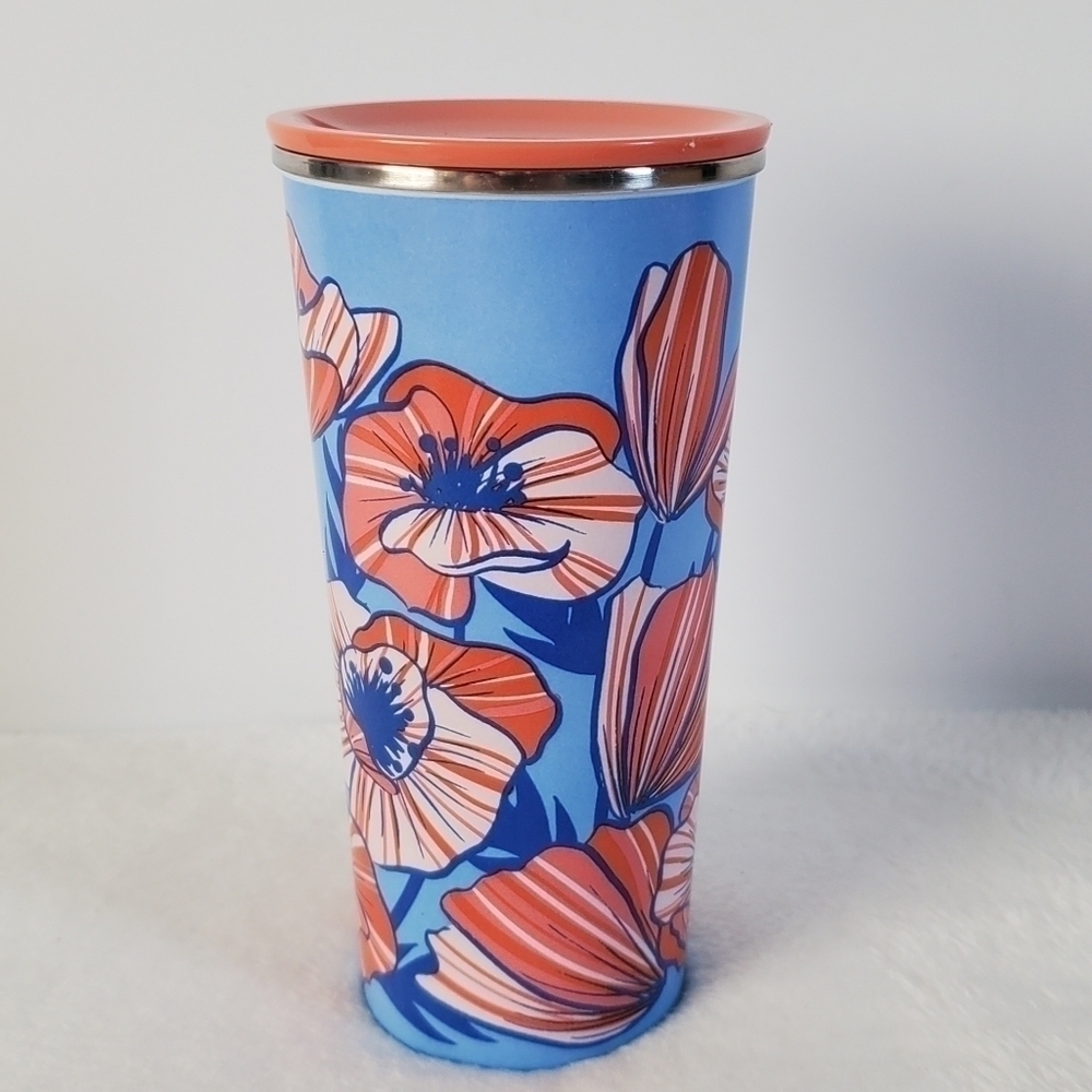 𝅺STARBUCKS Floral Poppy Peach Blue Stainless Steel Tumbler Travel Mug 16 Oz